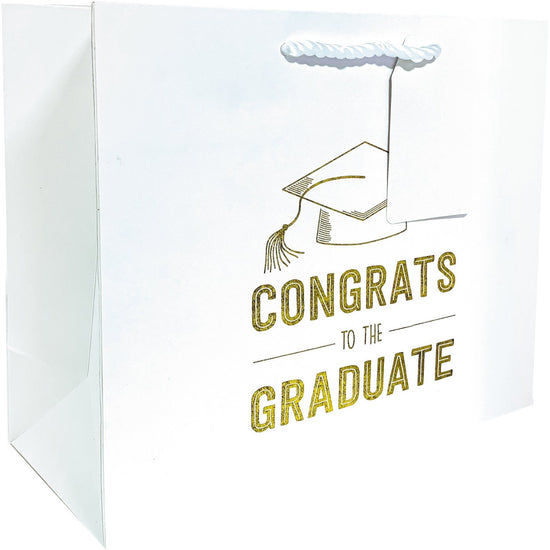 Large Matte White Graduation Gift Bags with Gold Foil, Congrats by Present Paper