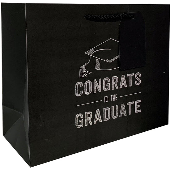 Large Matte Black Graduation Gift Bags with Silver Foil, Congrats by Present Paper