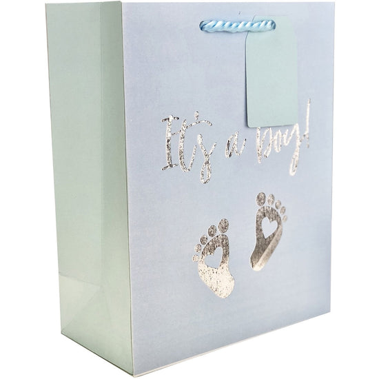 Medium Matte Pastel Blue Baby Gift Bags with Foil, It&