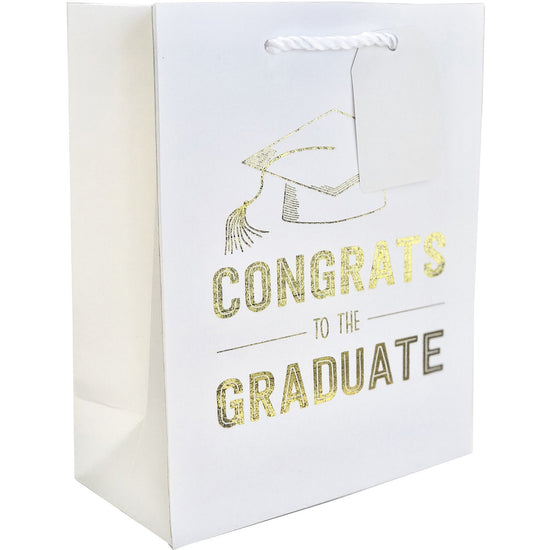 Medium Matte White Graduation Gift Bags with Gold Foil, Congrats by Present Paper