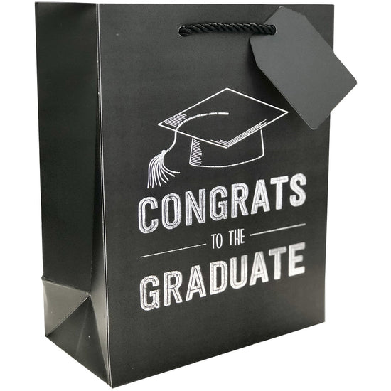 Medium Matte Black Graduation Gift Bags with Silver Foil, Congrats by Present Paper